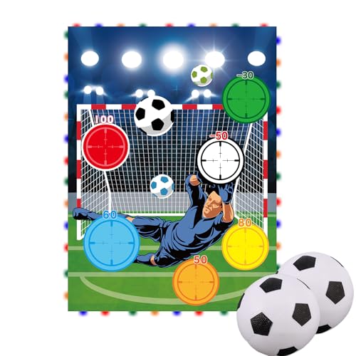Trampoline Soccer Game Set with Light Strip, Football Moving Kick Toss Goal Target Net with 2 Balls Kids Gifts Indoor Outdoor Sports Toy for 8/10/12/14FT Trampoline Game Accessories