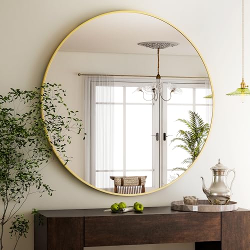 Image of HARRITPURE 48 Inch Round Mirror, Gold Circle Bathroom Mirror, Modern Aluminum Alloy Frame Large Vanity Wall Mirror for Living Room, Bedroom, Entryway