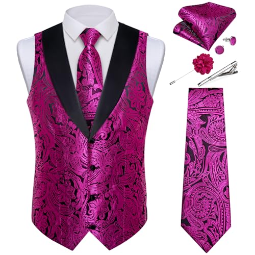 Image of DiBanGu Mens Paisley Suit Vest Silk Jacquard Waistcoat and Necktie Set Formal Shawl Collar Dress Vest 7PCS for Wedding Party