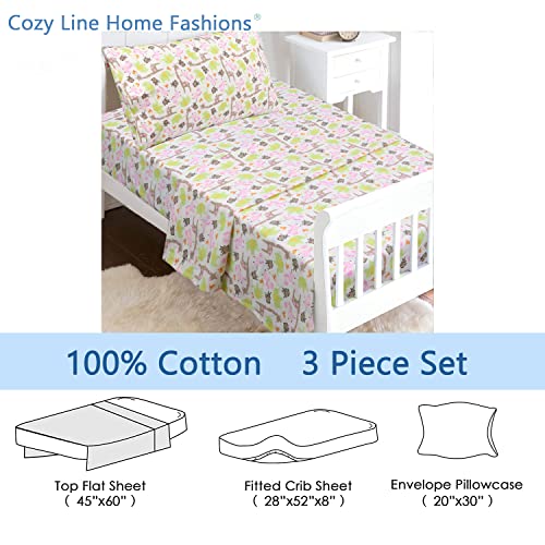 Image of 100 Cotton 3 Piece Toddler Sheet Set, Soft Breathable Crib Bedding Set for Girls Includes a Flat Sheet, a Fitted Sheet, a Pillowcase, Jungle Zoo Animal Friends Giraffe Monkey Elephant Zebra Bird Pink