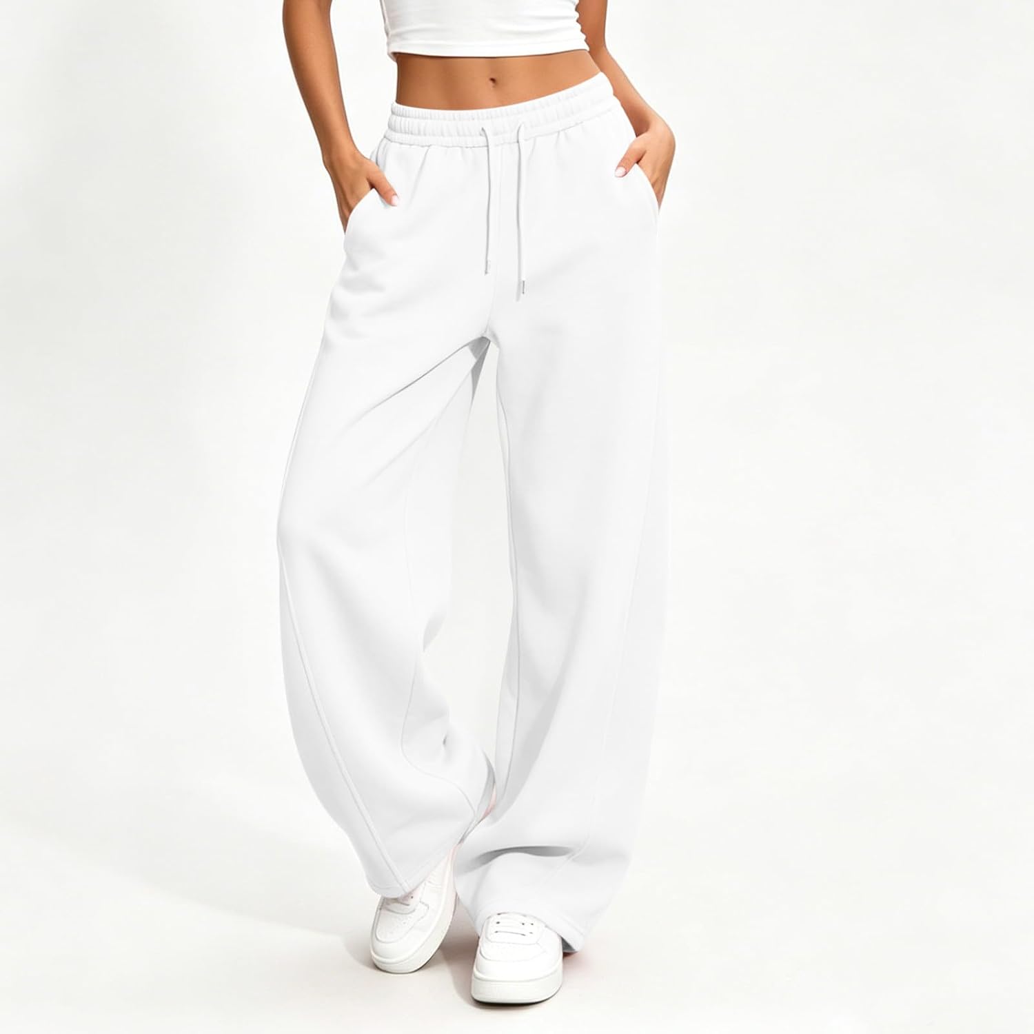 Womens Barrel Sweatpants Fleece Lined Wide Leg Sweat Pants Drawstring Elastic Waist Winter Trousers with Pockets