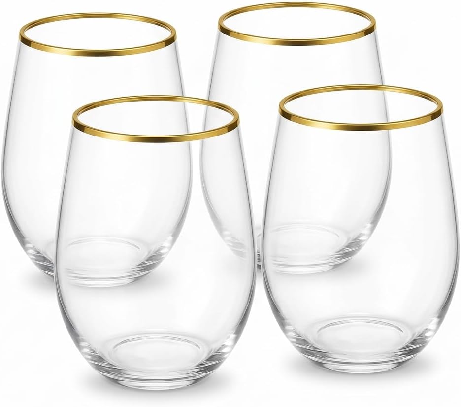 Oojami 36 Pack Disposable Wine Glasses 12oz Stemless Plastic Gold Rim - Crystal Clear Diamond Unbreakable Cocktail Champagne Whiskey Cups, BPA-Free Shatterproof for Wedding, Party, Birthday, Events