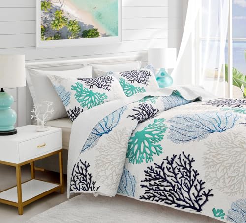 3 Piece Blue Teal Coral Coastal Quilt Sets Full/Queen Size Nautical Beach Bedding Lightweight Reversible Microfiber Coverlet with 2 Shams Ocean Themed Bedspread Comforter Set for All Season, 90''x96'' - Image 3