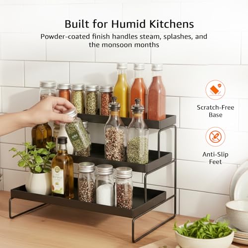 Image of amazon basics 3-Tier Kitchen Spice Rack Organizer | Rust-Free Iron Multi-Purpose Storage Shelf | 31 L x 30 W x 13 H cm