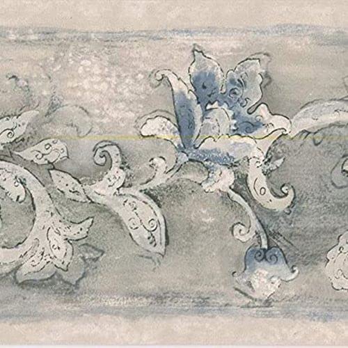CONCORD WALLCOVERINGS ™ Abstract Wallpaper Border Featuring Leaves and Flowers Design, Colors Gray Blue, Size 5.25 Inches by 15 Feet FT75803