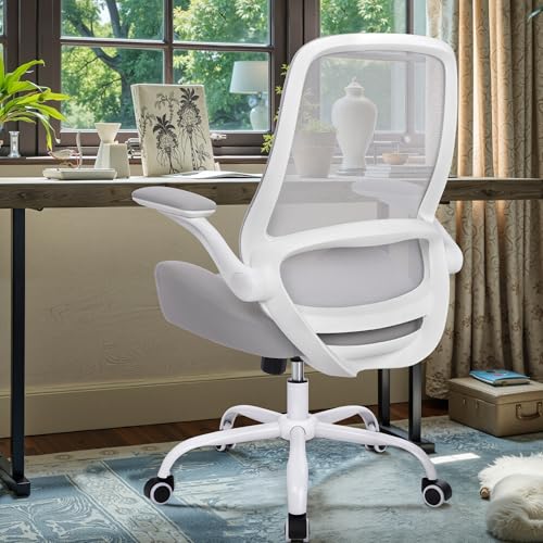 Image of HYLONE Office Chair Ergonomic Desk Chair with Flip up Armrests, 5 inch Thickened Seat Computer Chair with Mesh Back Home Office Computer Chairs for Long Hours Mesh Executive Chair(White Base & Grey)
