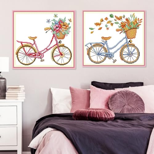 Image of Qeerysew Cross Stitch Kits Stamped Full Range of Embroidery Starter Kits for Beginners DIY-Printed Kits Romantic Bike (Winter)(Printed) 13.8x11inches