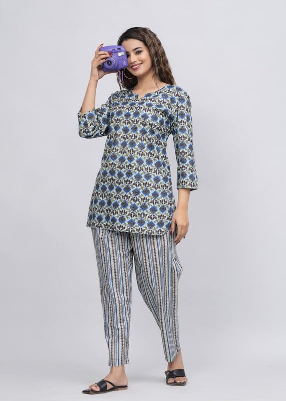 Image of 100% Cotton Printed Night Suit for Women's Shirt and Pyjama Sleep wear Set for Womens and Girls