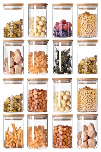 Spice Jars 16-Piece Set 350 ml with Sealed Bamboo Lid Label and Chalk Borosilicate Glass Storage Jar Spice Jar Set Suitable for Tea Coffee Herbs Candy and Jelly 12 * 6.5 cm