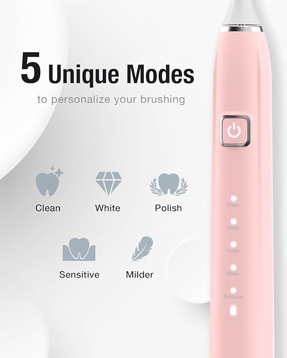 7AM2M Sonic Electric Toothbrush for Adults,Type-C Charging Run for 120 Days, with 6Brush Heads (Pink)