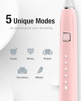 7AM2M Sonic Electric Toothbrush for Adults,Type-C Charging Run for 120 Days, with 6Brush Heads (Pink)
