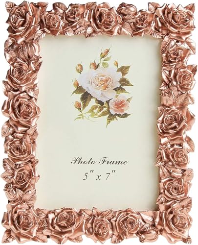 Eeghurt Garden Style Resin Picture Frame Rose Flower Decorative with High Definition Plexi Glass Sheet for Table Top Desk Photo Display Rose Gold Color 5x7 inch