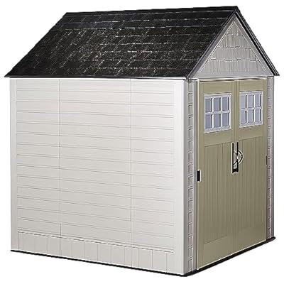 Rubbermaid Resin Outdoor Storage Shed With Floor (7 x 7 Ft), Weather Resistant, Beige/Brown, Organization for Home/Backyard/Garden Tools/Lawn Mower/Bike Storage/Pool Supplies
