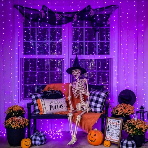 Image of JMEXSUSS 200 LED USB Purple Halloween Lights, 6.5ft x 6.5ft | Halloween Curtain Lights with Remote, 8 Modes Purple Curtain String Lights for Bedroom Party Halloween Decorations