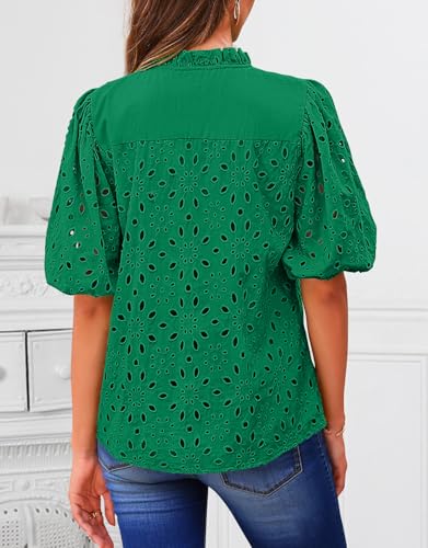 BETTE BOUTIK Women's Long Short Sleeve Tops 2025 Dressy Casual Button Hollow Out Lace Embroidered Blouses Shirts