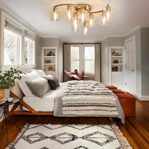 Image of 9-Light Ceiling Light, Semi Flush Mount Ceiling Light Fixture, Kitchen Lighting Fixtures Ceiling, Brushed Nickel Finish with Clear Glass Shade for Living Room Bedroom Dining Room