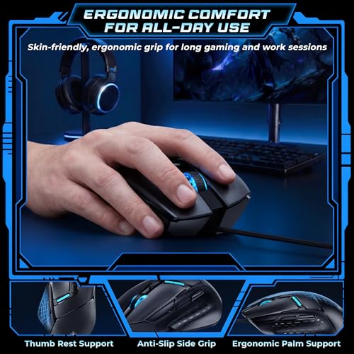 Image of Uineer Wired Gaming Mouse, 7200 DPI, 6 Programmable Buttons, RGB Lighting | 6 programmable buttons, adjustable 7200 DPI, RGB lighting and quiet clicks for work or gaming.