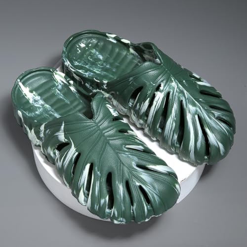 Image of Monstera Slippers, Variegated Monstera Shoes, Non-Slip Soft Lightweight Bathroom Slides Unisex