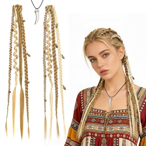 VELQUA 2PCS Boho Dreadlock Clip in Braids Viking Hair Extensions Golden Blonde 16 Inch Synthetic Braided Hair with Beads and Charms for Women Cosplay