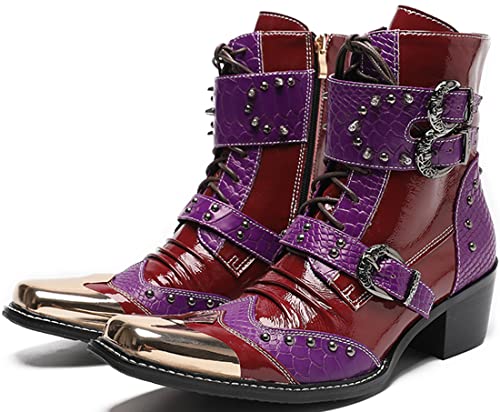 Santimon Men's Genuine Leather Casual Oxfords Western Boots – Metal Square Toe Mid Top Two Tone Cowboy Boots with Studded Strap & Buckle for Party Concert Rodeo Disco4