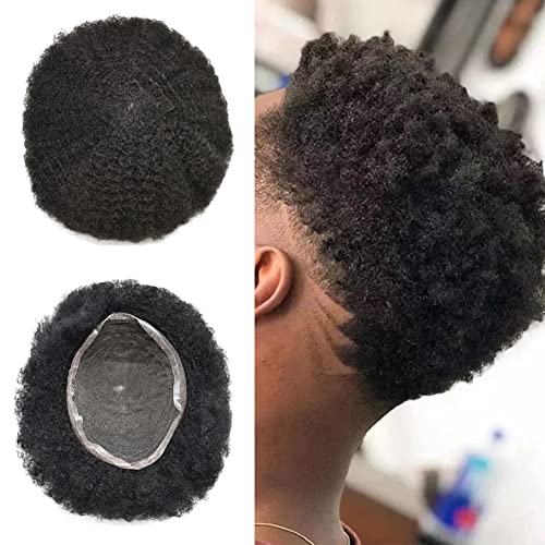 Afro Toupee For Black Men African American Men Kinky Curly Hair Units For Black Men Full French Lace Hair Replacement System Brazilian Human Hair All Transparent Lace Afro Wavy Men Wig Black Hair Units 1B# Off Black-6Mm Afro Wave #TOP8