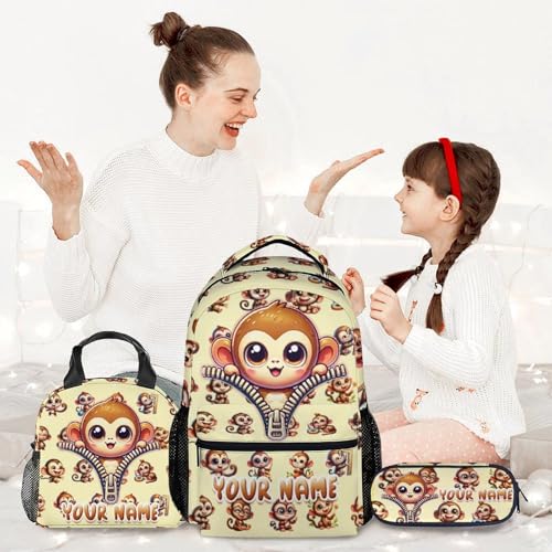 Personalized Monkey Backpack with Lunch Box, 3PCS Girls School Backpacks Matching Combo for Kindergarten, Cute Bookbag and Pencil Pouch Bundle3