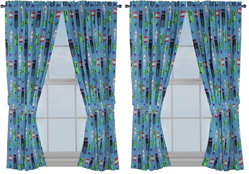 Image of Jay Franco Kids Window Drapes - 4 Piece Curtain Set Includes 2 Tiebacks, Beautiful Bedding Room Decor and Easy Set Up, Blue - Minecraft, 63 Inch (Pack of 2)