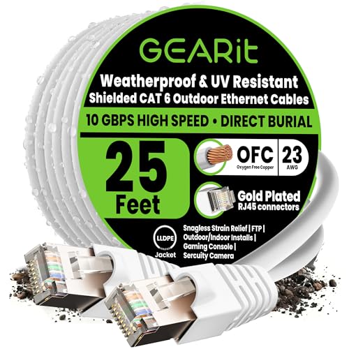 Image of GEARit Cat6 Outdoor Ethernet Cable (25ft) 23AWG Pure Copper, FTP, LLDPE, Waterproof, Direct Burial, In-Ground, UV Resistant, POE, Network, LAN, Internet, Cat 6, Cat6 Cable - 25 Feet