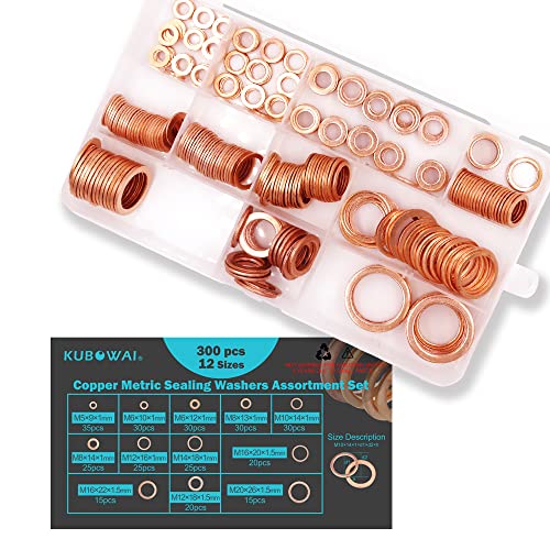 KUBOWAI 300 pièces Rondelles en Cuivre, 12 Spécifications de Joints de Vidange,Joints Toriques en Cuivre, pour Voiture, Moto, avec Kit D'assortiment...