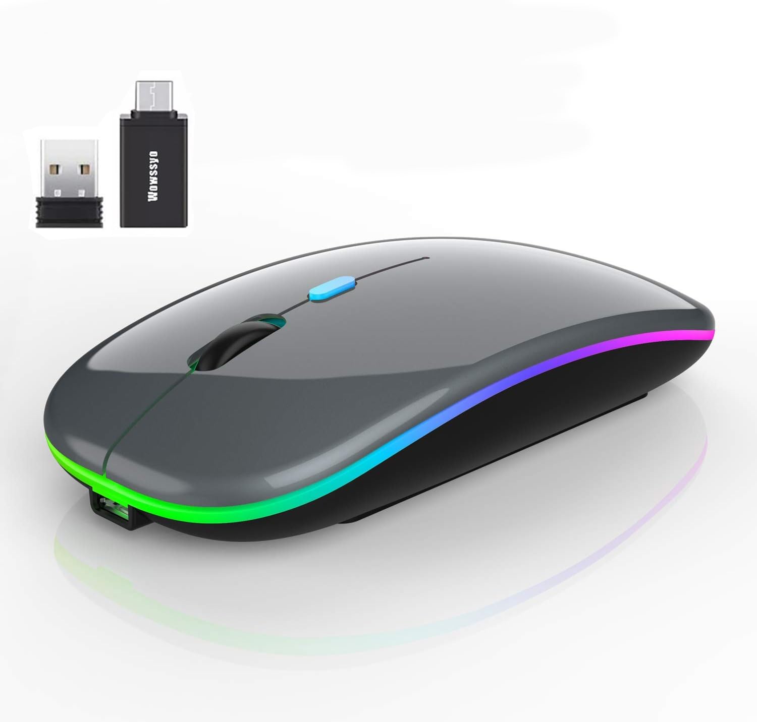 Wowssyo Maus Kabellos, 2,4 GHz-USB funkmaus, Bluetooth Maus, 1600 DPI Optical Tracking, Wiederaufladbare LED-Dual-Modus Mouse für Laptop, PC, iOS, Android, iPad, Windows - grau
