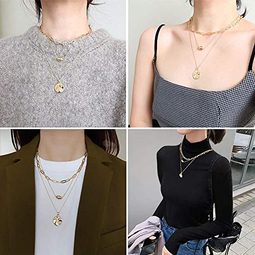 FAMARINE Gold Layered Pendant Long Necklace, 3 Layer Choker Necklace Chain Pendant Costume Jewelry for Women4