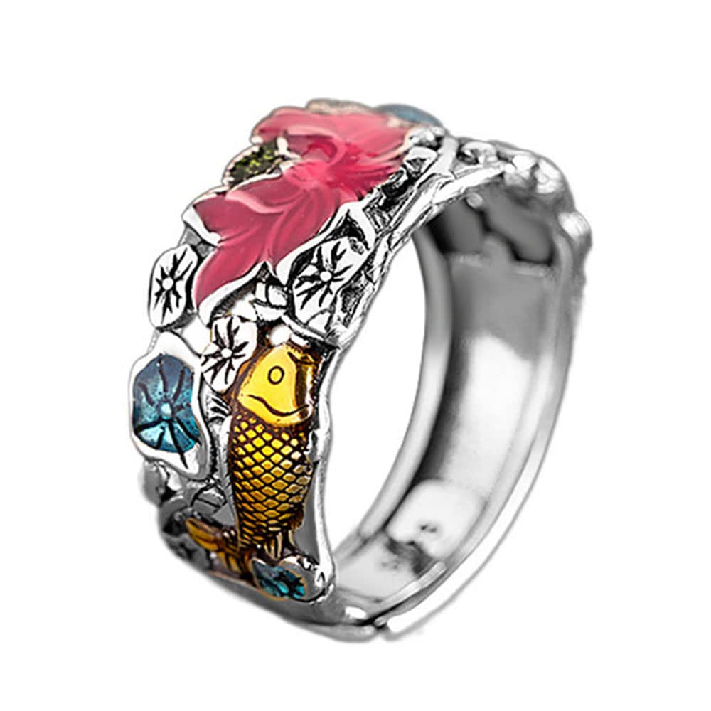 S925 Sterling Silber Charming Pink Lotus Band Ring Golden Lucky Fish Statement Ringe Für Frauen Yoga Medition