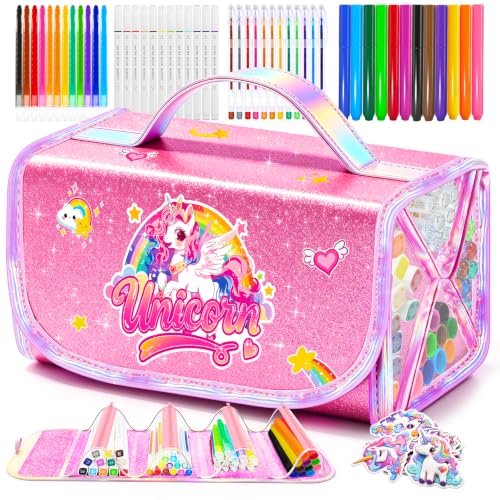 70 PCS Unicorn Arts and Crafts for Girls Ages 4-6-8 Art Supplies Set with 3D Rainbow Glitter Pencil Case Washable Dual Markers Scented Gel Pens Twist-up Crayons & Unicorn Stickers Birthday Gift