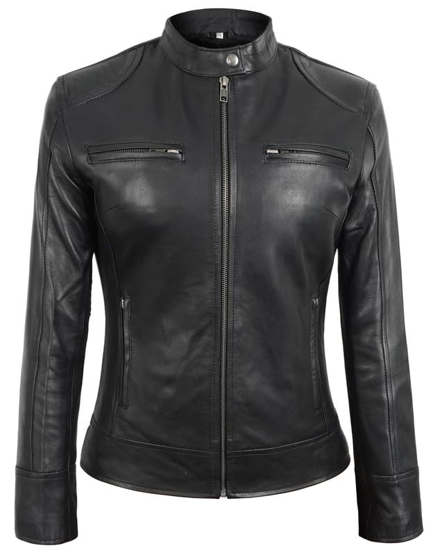 SpazeUp Women's Vintage Cafe Racer Leather Jacket - Black Biker Motorcycle Riding Jacket Women Leather Blazer