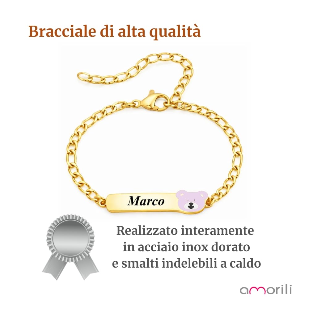 Bracciale Bimbo Bimba Personalizzato Personalizzabile con Incisione Nome in Acciaio Inox Dorato – Ciondolo Orsetto Smaltato – Braccialetto Bambino Bambina Regolabile – Idea Regalo