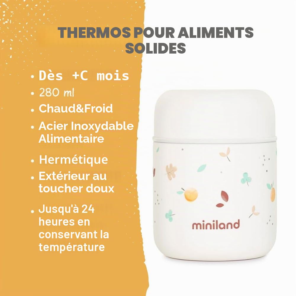 Miniland Thermos Mini Valencia 280ml. Thermos pour aliments pour bébés, avec double couche d'acier qui maintient la température des aliments pendant des heures