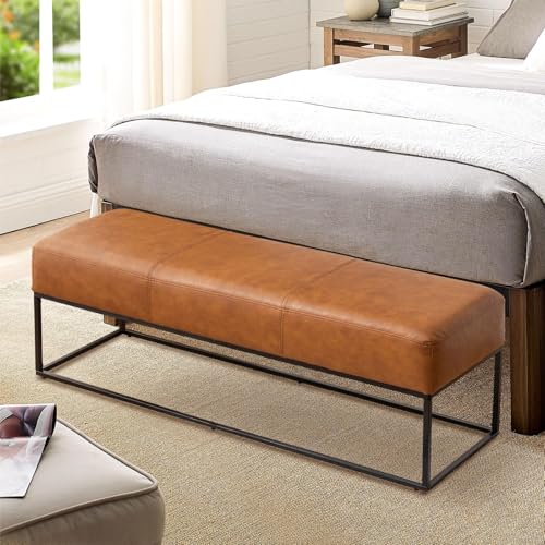 Image of Leather Entryway Bench, Modern Long Faux Leather Ottoman Bench Seat with Metal Frame, 47'' Upholstered Bedroom Bench for Living Room Entryway Window, Vintage Brown