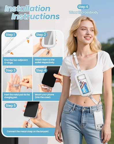 Clip and Go Strap for Phone with Wallet Crossbody, Detachable Wristlet Strap Pocket with Zipper Phone Screen ID Window, 2 Pcs Metal Tether Patches Compatibe with iPhone and Most Smartphones White — view 5