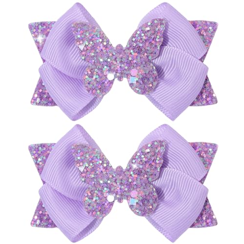 CN 3 Glitter Purple Hair Bows for Girls Sparkly Sequin Butterfly Hair Bow Clips Boutique Fully Lined Alligator Barrettes Pins for Toddler Children Grosgrain Hair Accessories for Xmas Fall Birthday