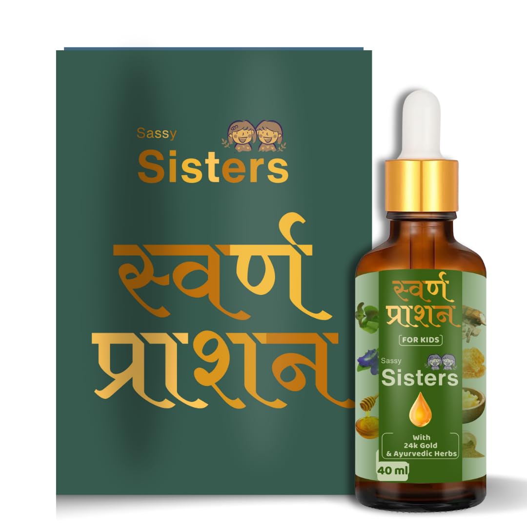 Sassy Sisters 40 ml Swarnaprashan Drops for Kids with 0.4% 24k Gold Ash (Swarna Bhasma) Suvarnaprashan Drops, Kids Immunity Booster Ayurvedic, Enhances Overall Health | GMP Certified & Ayush Approved