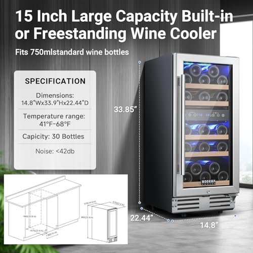Image of BODEGA 15 Inch Wine Fridge, 30 Bottles Dual Zone Wine Cooler, 41-68F Wine Refrigerators Free standing, Soft LED Dual Zone Wine Fridge, Built-in or Freestanding for Home /Bar /Kitchen (3.2 cu.ft), Black