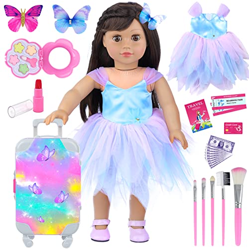 ECORELF 18 Inch Girl Doll Clothes and Accessories 25Pcs Travel Luggage Play Set Including Suitcase,Clothes,Make up,Hair Clip,Passport,etc.