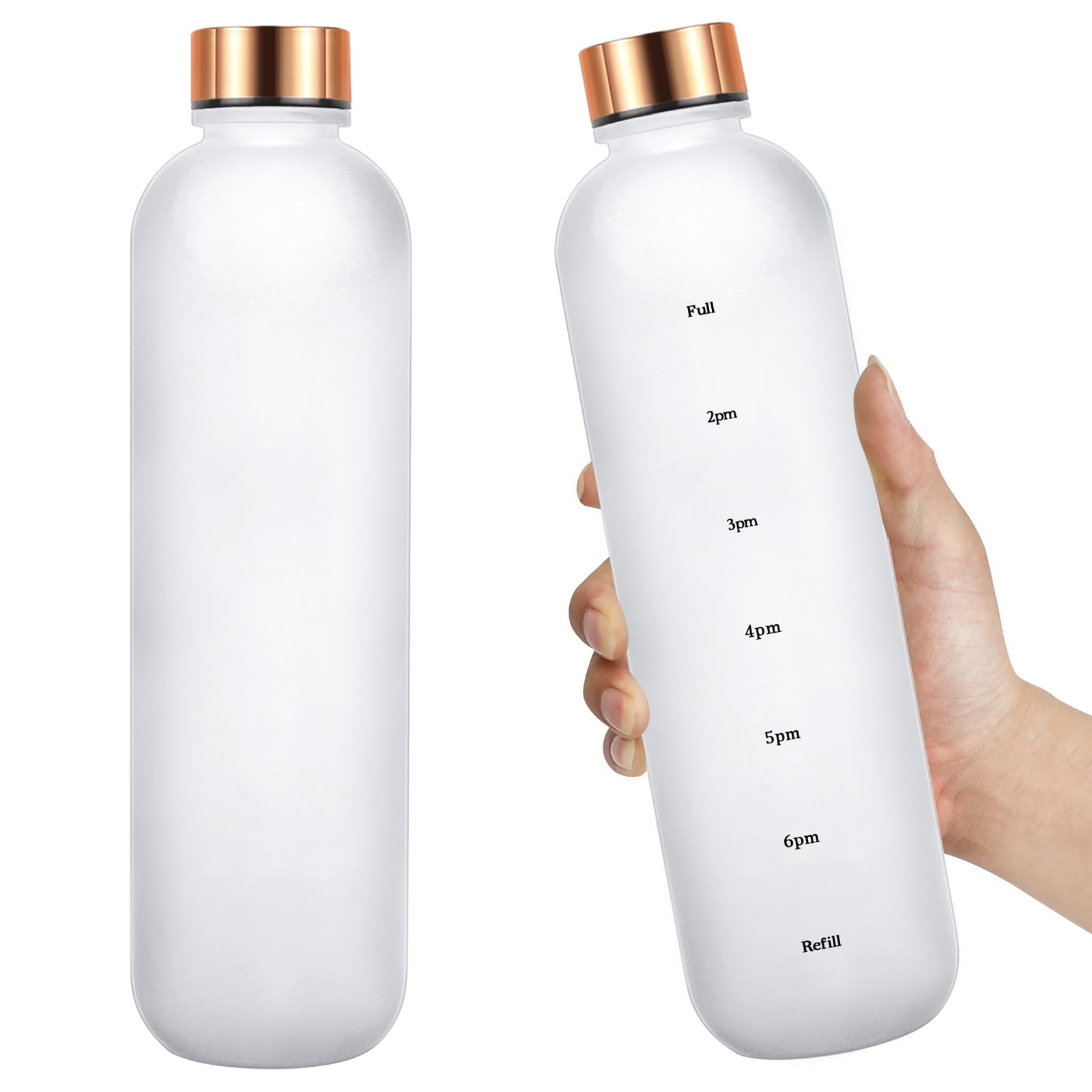 Water Bottle 32 oz, Frosted Style Sports Water Bottles BPA Free Water Bottle With Time Marker,Small mouth Leakproof Water Bottles with Strap for Gym Fitness Hiking Bike Camping (White)