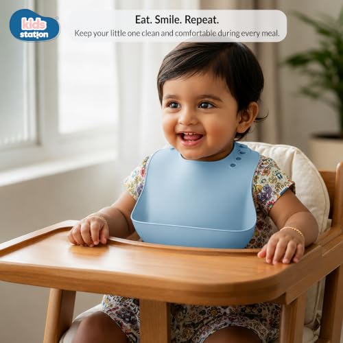 Image of Kids Station Silicone Baby Bib for Feeding & Weaning BPA Free, Soft Adjustable Neckline with Buttons, Washable & Reusable, Ideal for Babies & Toddlers 6 to 36 Months - Blue
