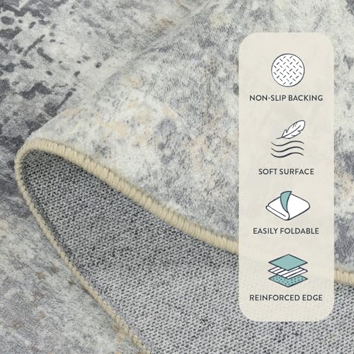 Lahome Modern Abstract Round Rug - 5Ft Grey Living Room Rugs Washable 5x5 Circle Rugs Indoor Dining Table Mat, Soft Non Slip Low Pile Office Carpet for Bedroom Playroom Kitchen Coffee Table