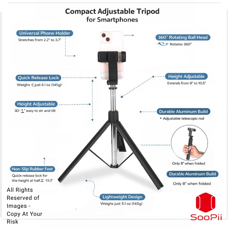 Image of SooPii 67-inch Multi-Function Long Selfie Stick with Tripod Stand Bluetooth Selfie Tripod for i-Phone, Go-Pro, and Camera - Perfect for Vlogging, Live Streaming, and Travel - (Black)