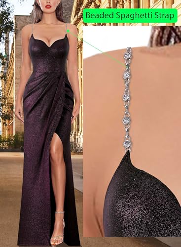 Image of VFSHOW Womens Sexy Formal Ruched Fitted High Slit Bodycon Maxi Dress Spaghetti Strap Sweetheart Cocktail Prom Evening Gown