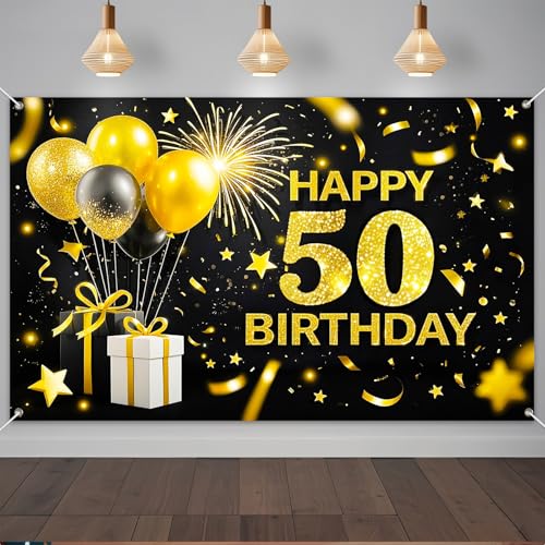 Fondo feliz 50º cumpleaños 71x43 pulgadas negro y dorado miniatura 1