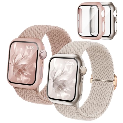 2 Pack Braided Stretchy Band Compatible with Apple Watch Bands and Case 40mm 41mm 42mm 44mm 45mm...