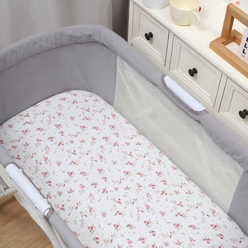 Image of Onacosht Muslin Bassinet Sheets 3 Pack for Baby Girl, Pink and Floral | Skin-friendly, 100% Cotton Bassinet Fitted Sheets, 33 inch X 17 inch, Universal Size for Standard Oval & Rectangle Bassinet Mattress